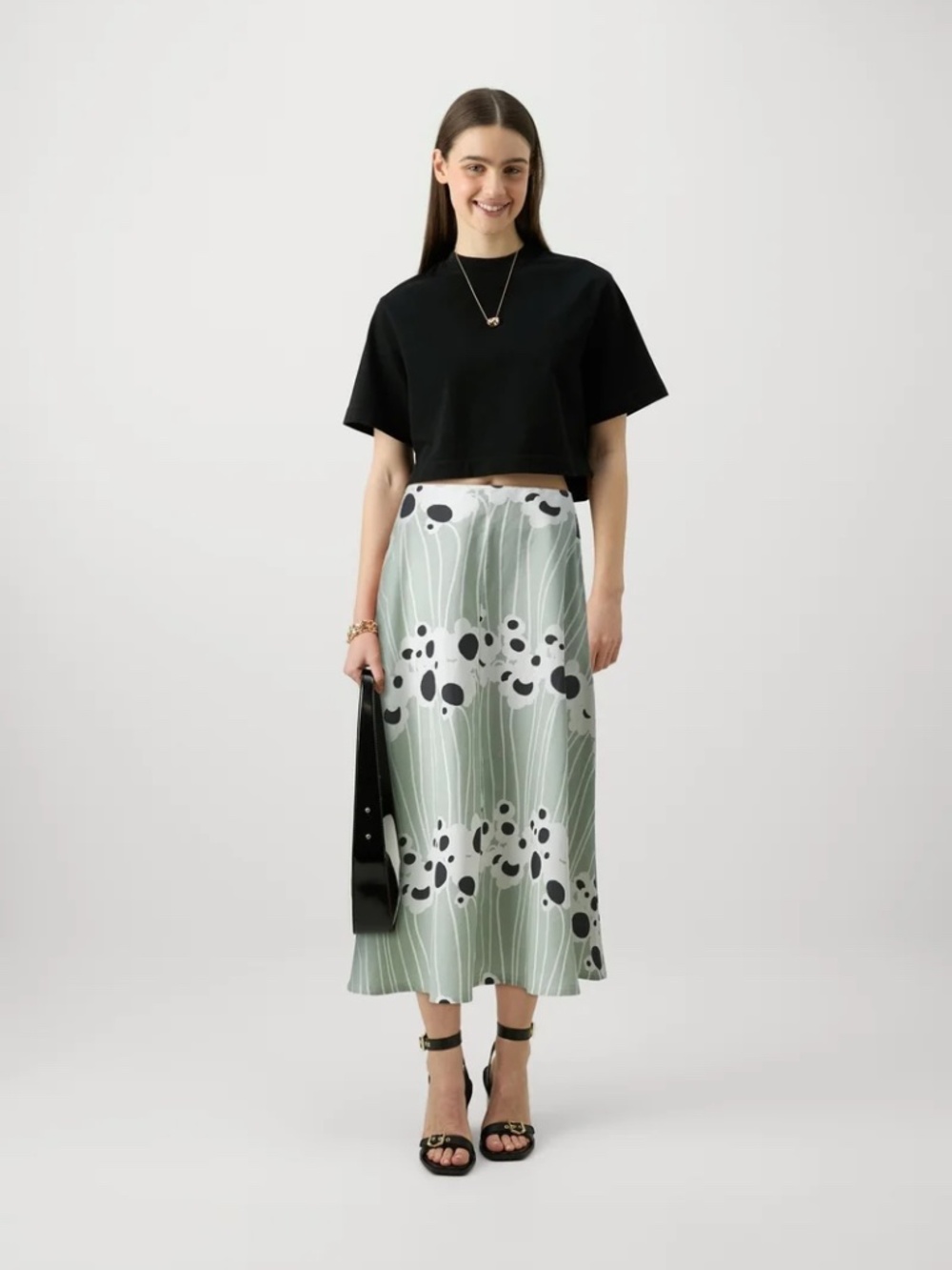Marimekko Stasia Lammet A-line Cotton Linen Floral Skirt in Sage Green and White